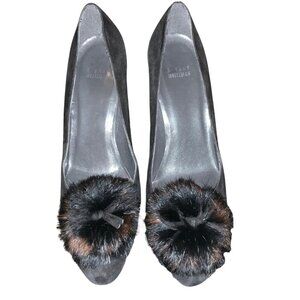 Stuart Weitzman Classic Black Suede Heels Pump w/ Fur Pom Pom Womens Size 10